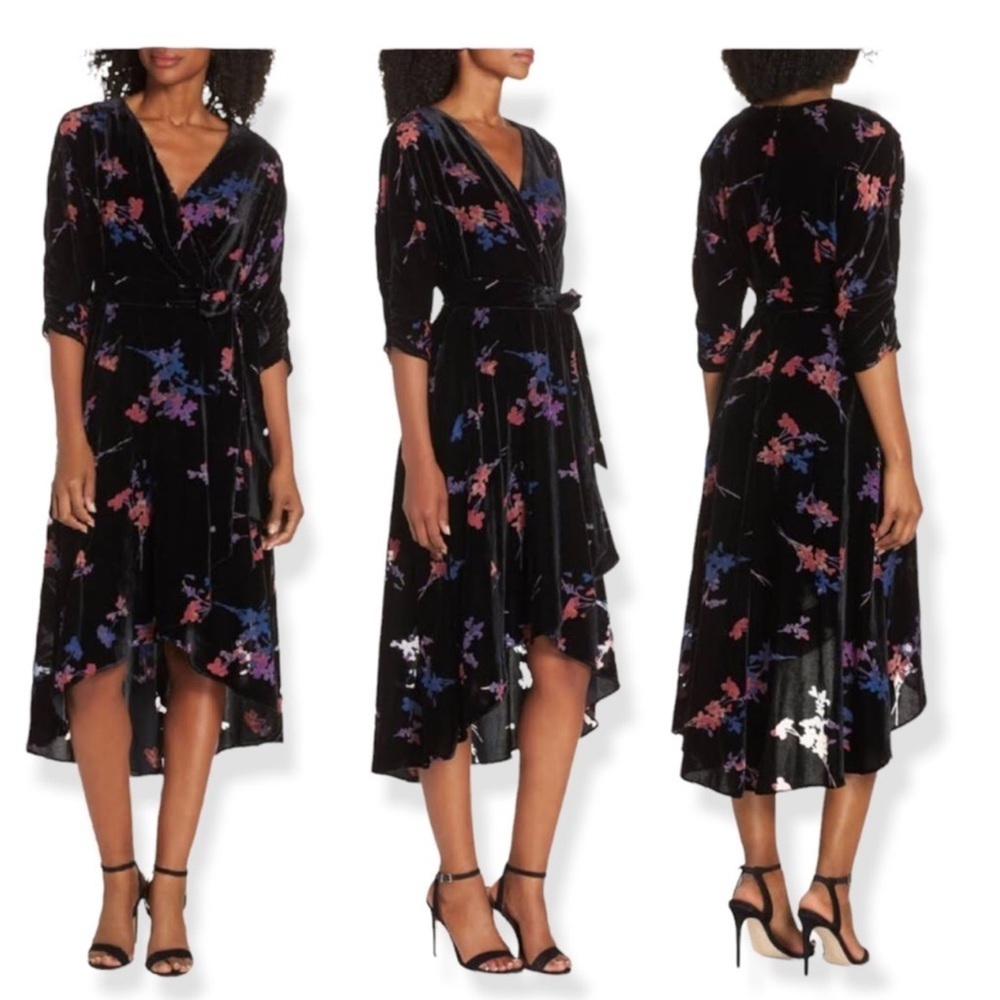 Eliza J Velvet Hi - Low Black Floral Faux Wrap Dress 3/4 Sleeve Women’s Size 12
